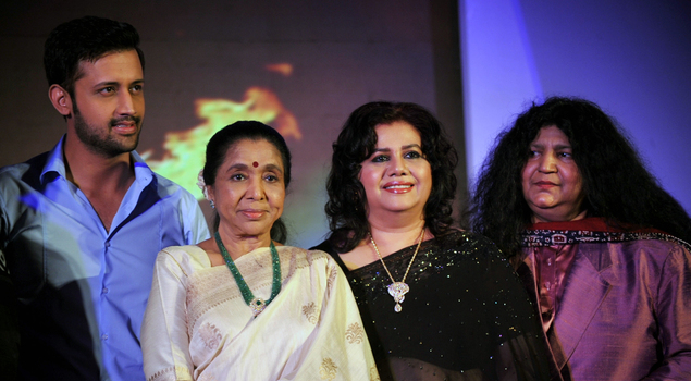 Pakistani pop singer Atif Aslam, Indian playback singer Asha Bhosle, Bangladeshi Singer Runa Laila and Pakistani Sufi Singer Abida Parveen pose during a media event for the television musical show 'Sur-Kshetra' in Mumbai.