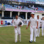Jacques Kallis, wicketkeeper AB de Villiers and captain Graeme Smith of South Africa walk out of the grounds with their team after winning the second test cricket match against Pakistan in Dubai on October 26, 2013