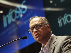 Founding member of Infosys, N.R. Narayana Murthy, speaks at a press conference at the company's headquarter in Bangalore on June 1, 2013