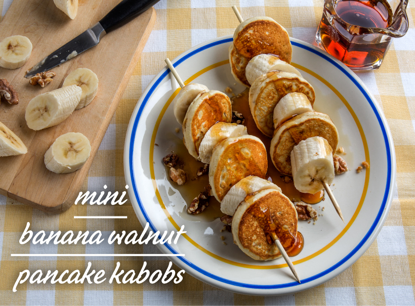 Mini Banana Walnut Pancake Kabobs with Peanut Butter
